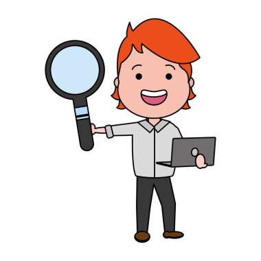 adam holding Büyüteç ve dizüstü