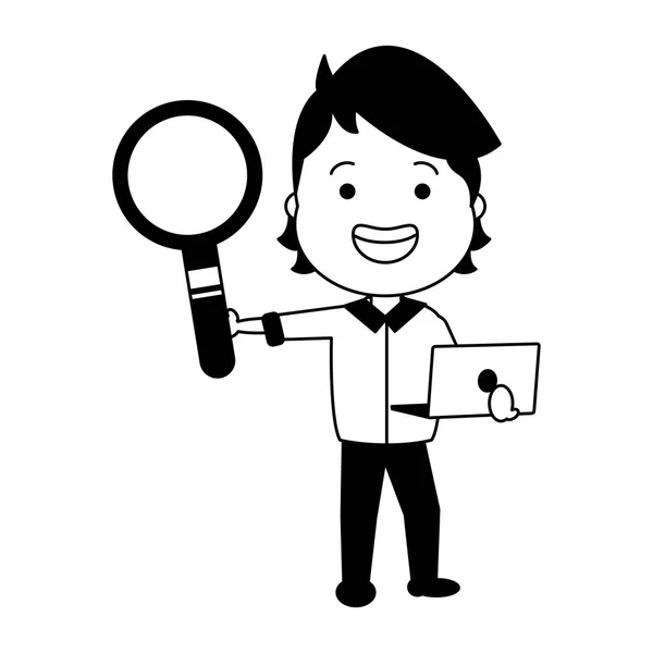 Guy holding loupe and laptop — Stock Vector