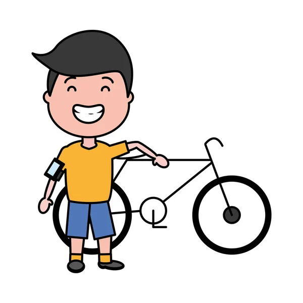 Young boy with bike earphones cellphone — Stock Vector