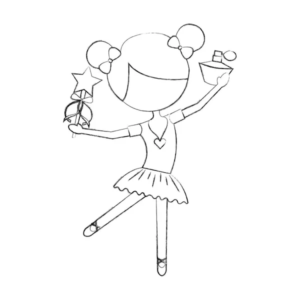 Little girl dancer ballet holding magic wand and bottle perfume — Stock Vector