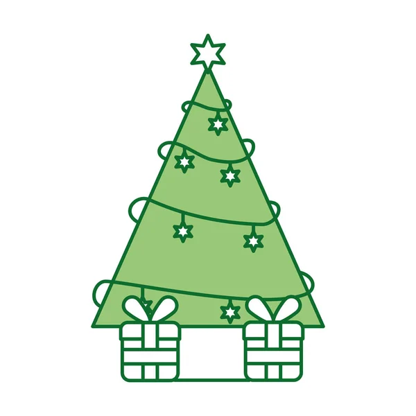 Christmas tree pine gifts box celebration festive — Stock Vector