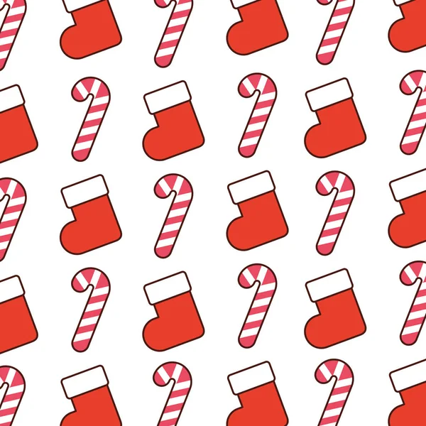 Navidad bastón de caramelo y adorno de calcetín rojo patrón sin costuras — Archivo Imágenes Vectoriales
