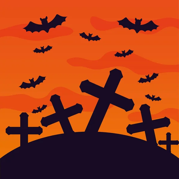 Halloween-Friedhof mit Fledermäuse fliegender Szene — Stockvektor