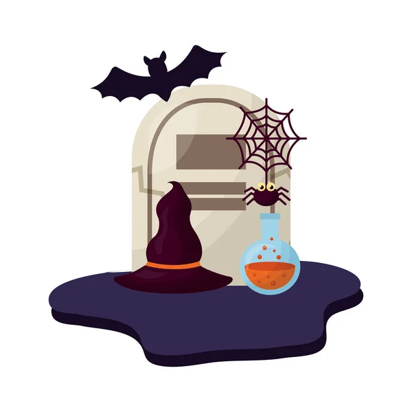 Hrobka Halloween klobouk čarodějnice a sady ikon — Stockový vektor