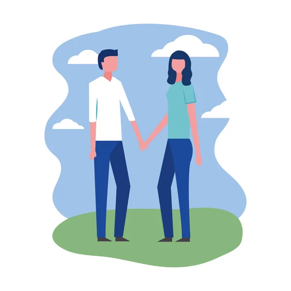 Молодая пара, держась за руки в пейзаже — стоковый вектор