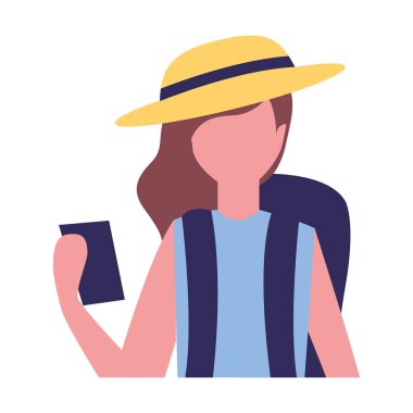 turist kadın şapka ve cep telefonu