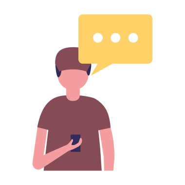 genç adam cep telefonu ile konuşma balonu kullanarak