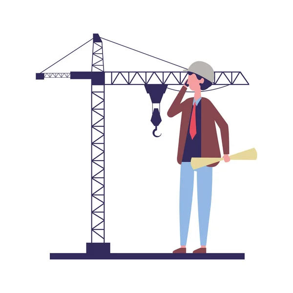 Architect man with blueprints crane construction — Stock Vector