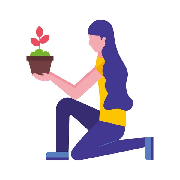 Wanita di lutut memegang bunga pot - Stok Vektor