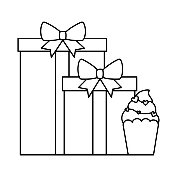 Presentes caixas apresenta com cupcake —  Vetores de Stock