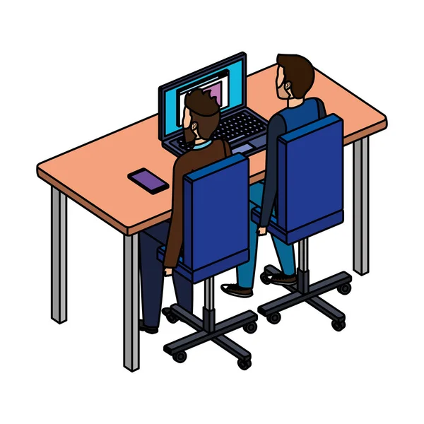 一对夫妇的人在办公桌和笔记本电脑 — 图库矢量图片