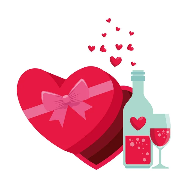 Caja de regalo con forma de corazón y bebida de vino — Vector de stock