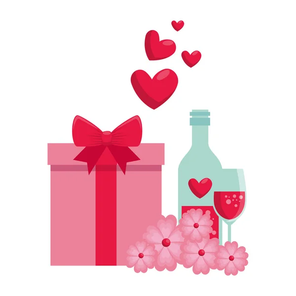 Caja de regalo con flores y bebida de vino — Vector de stock