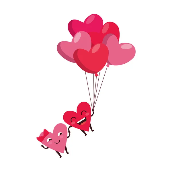 Corações amor casal com balões ar kawaii personagens — Vetor de Stock