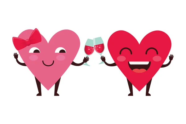 Corazones amor pareja con copas de vino kawaii caracteres — Archivo Imágenes Vectoriales