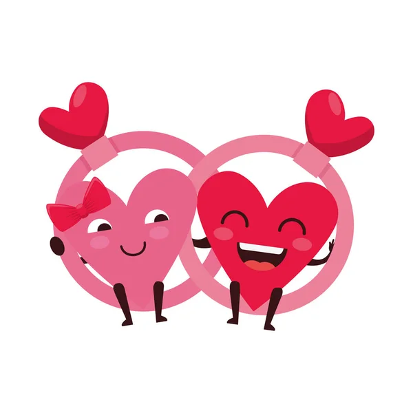 Coeurs amour couple avec anneaux personnages kawaii — Image vectorielle