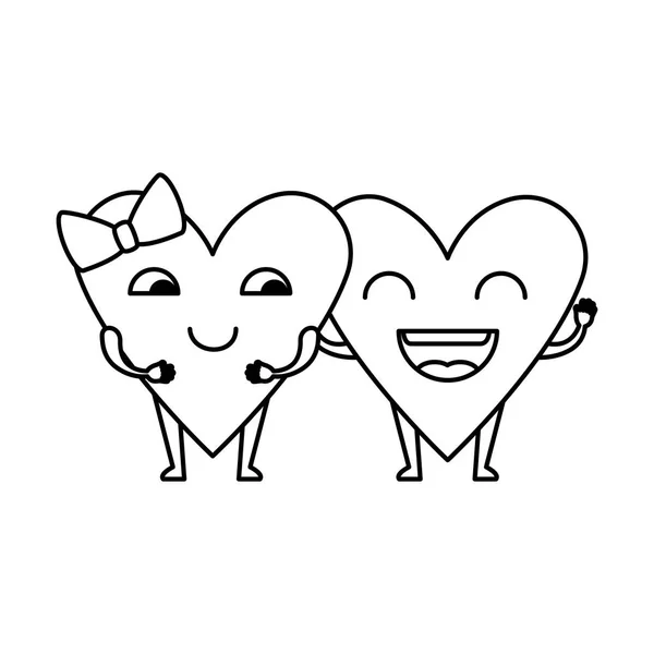 Corazones amor pareja kawaii caracteres — Vector de stock