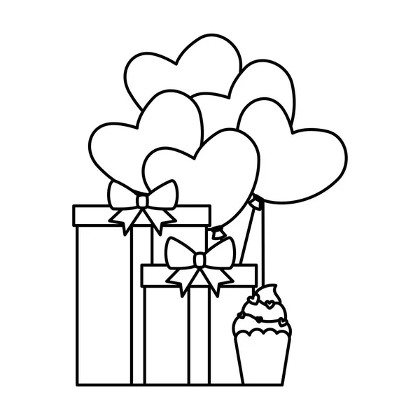 Ballons de fête en forme de coeur avec cadeaux et cupcake — Image vectorielle