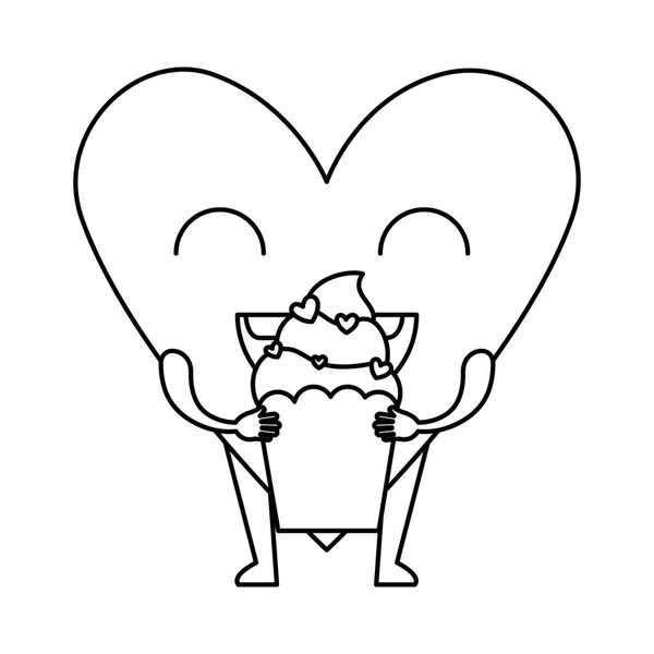 Cuore amore con cupcake kawaii personaggio — Vettoriale Stock