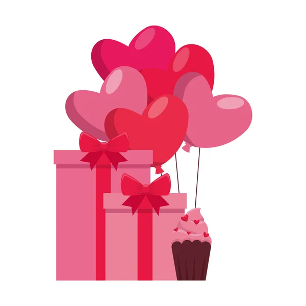 Palloncini festa cuore con regali e cupcake — Vettoriale Stock