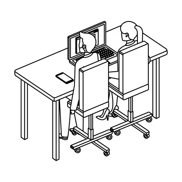Деловая пара в письменном столе с ноутбуком — стоковый вектор