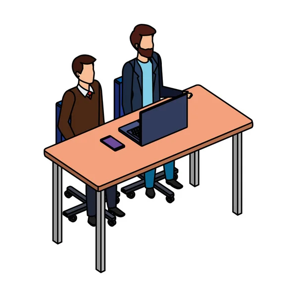 Couple d'hommes dans le bureau et ordinateur portable — Image vectorielle