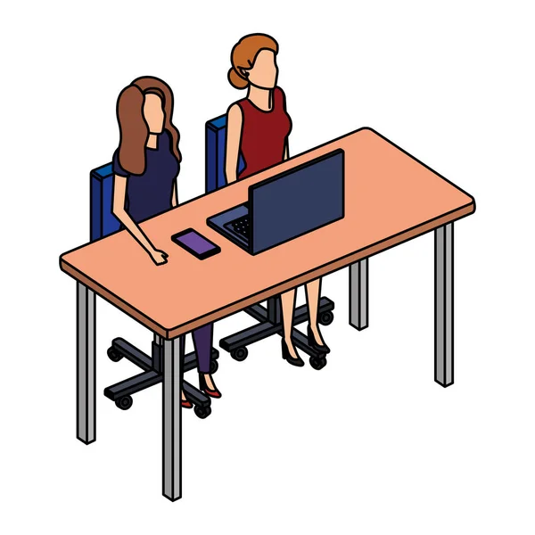 Coppia donne d'affari in scrivania e laptop — Vettoriale Stock