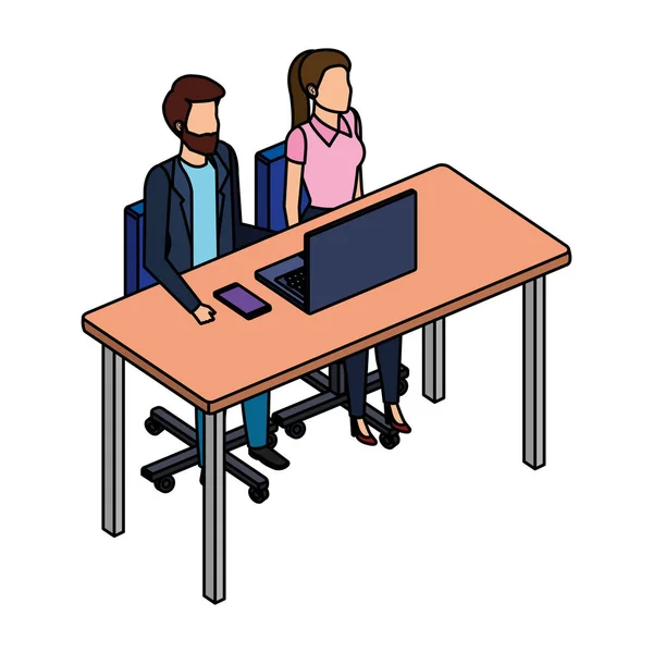 商务夫妇在办公桌与笔记本电脑 — 图库矢量图片