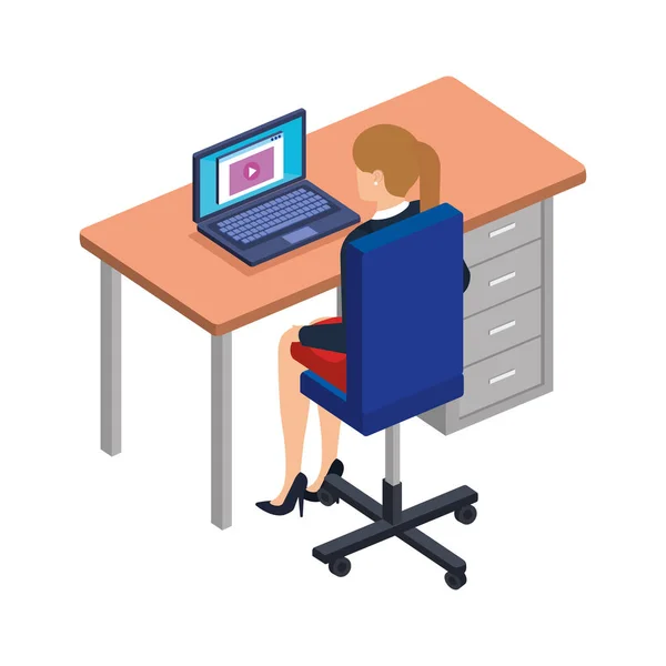 Woman in the desk with laptop character — Stock Vector