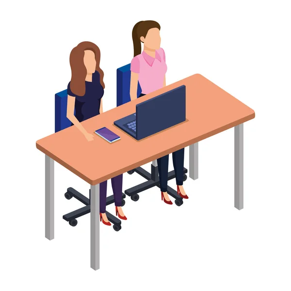 Coppia donne d'affari in scrivania e laptop — Vettoriale Stock