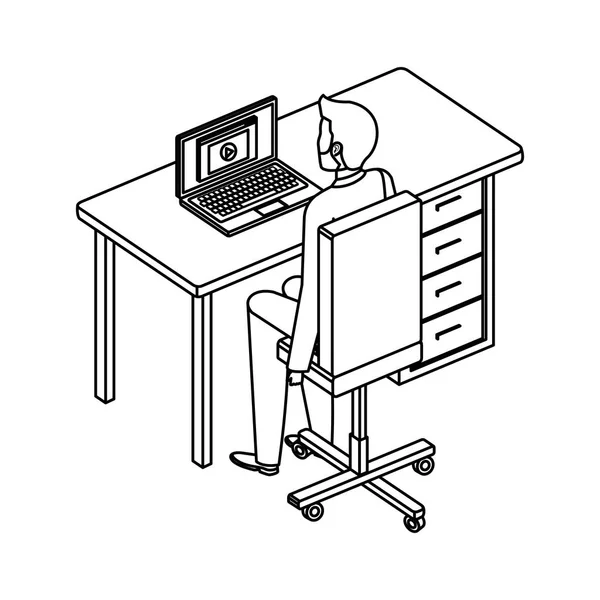 Молодой человек в столе и ноутбуке — стоковый вектор