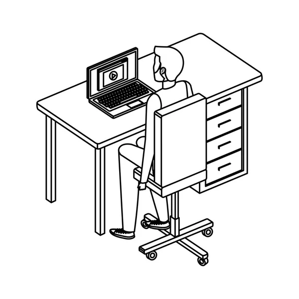 Молодой человек в столе и ноутбуке — стоковый вектор