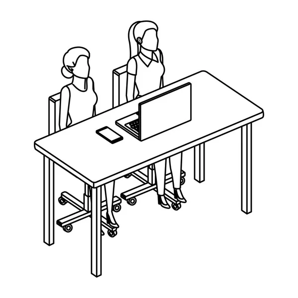 Paar Geschäftsfrauen in Schreibtisch und Laptop — Stockvektor