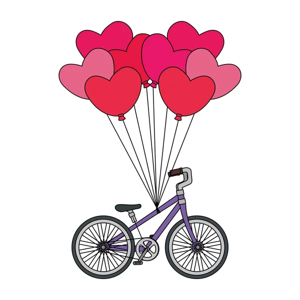 Vehículo de bicicleta y globos de aire con forma corazones — Vector de stock