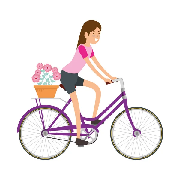 Femme en vélo rétro avec panier floral — Image vectorielle