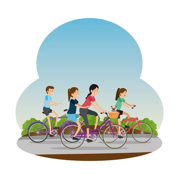 Personas en bicicleta que viajan por la carretera — Vector de stock