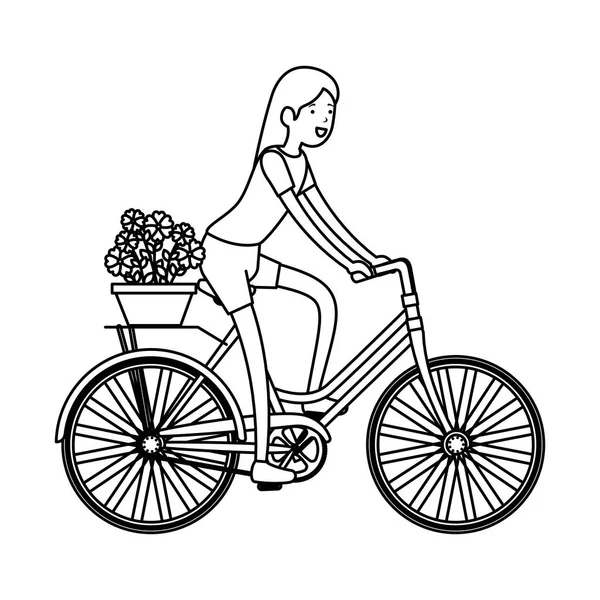 Женщина на ретро-велосипеде с цветочной корзиной — стоковый вектор
