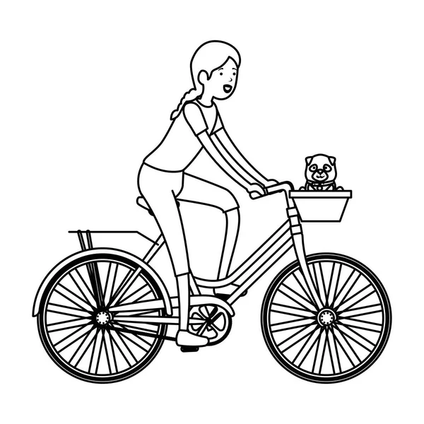 Mujer en bicicleta retro con cesta y perro — Vector de stock