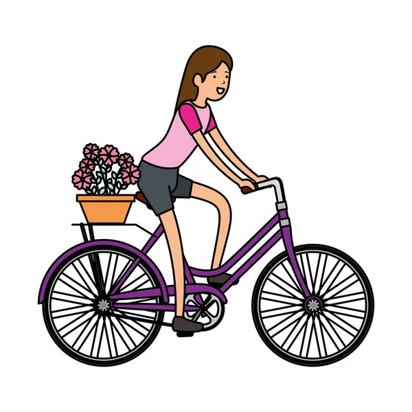 Frau im Retro-Fahrrad mit Blumenkorb — Stockvektor