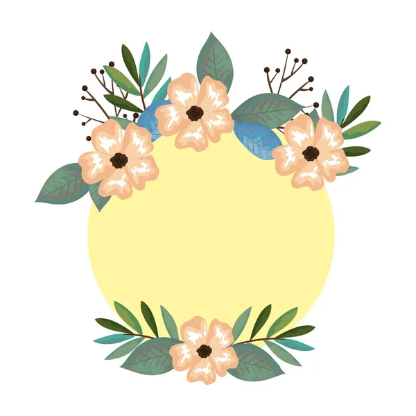 Corona con flores y hojas decoración — Vector de stock