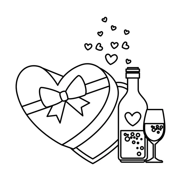 Giftbox с формой сердца и винный напиток — стоковый вектор