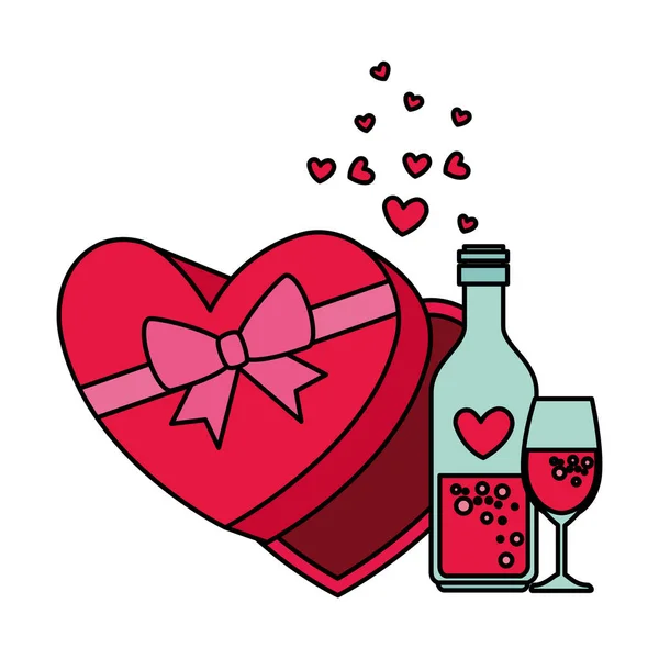 Caja de regalo con forma de corazón y bebida de vino — Vector de stock