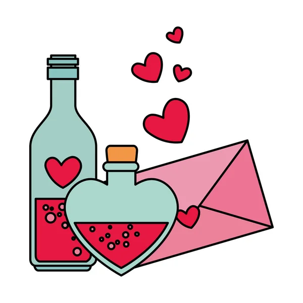 信封与心脏和瓶子饮料 — 图库矢量图片