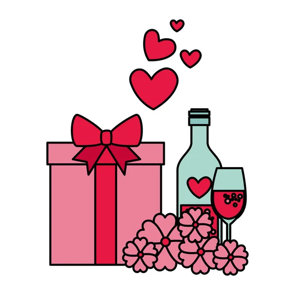 Caja de regalo con flores y bebida de vino — Vector de stock