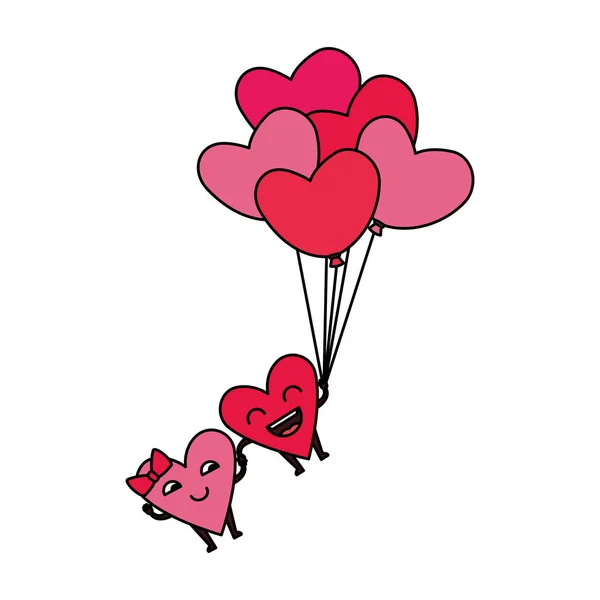 Corazones amor pareja con globos aire kawaii caracteres — Vector de stock