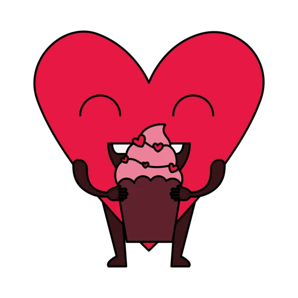 Corazón amor con cupcake kawaii carácter — Archivo Imágenes Vectoriales