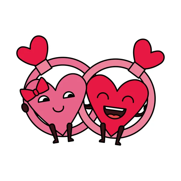 Corazones amor pareja con anillos kawaii caracteres — Vector de stock