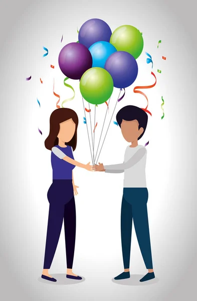 Girl and boy with balloons and party confetti — Stock Vector