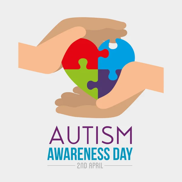 Hands with heart puzzle to autism day — Stock Vector