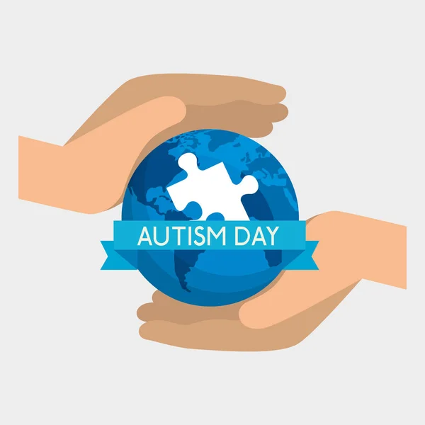 Mãos com mapa global e quebra-cabeça para o dia do autismo — Vetor de Stock